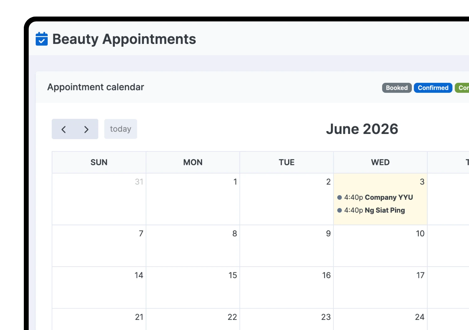 Appointment calendar with bookings by staff and time