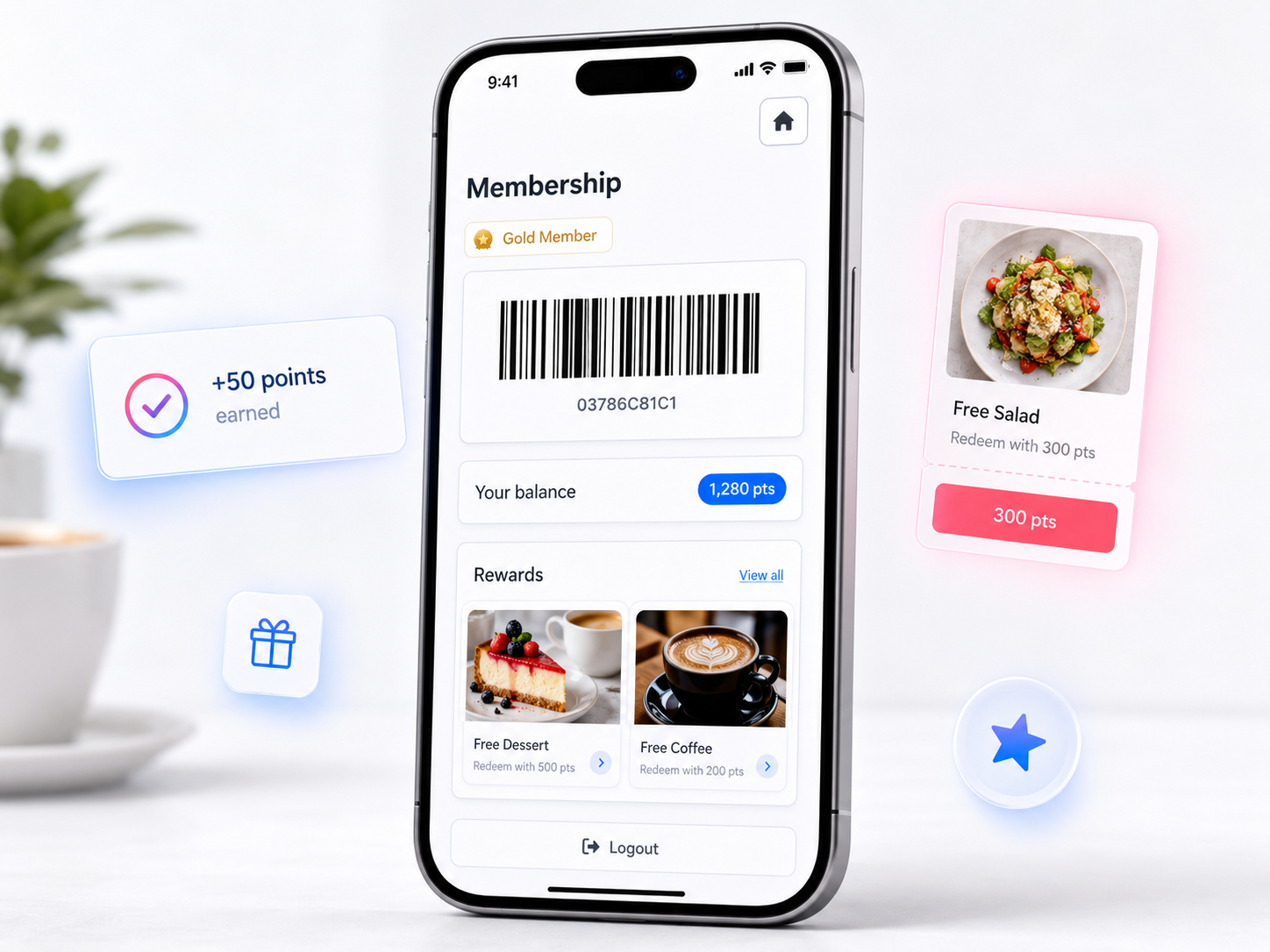 Member card mockup with gold tier, points balance and perks