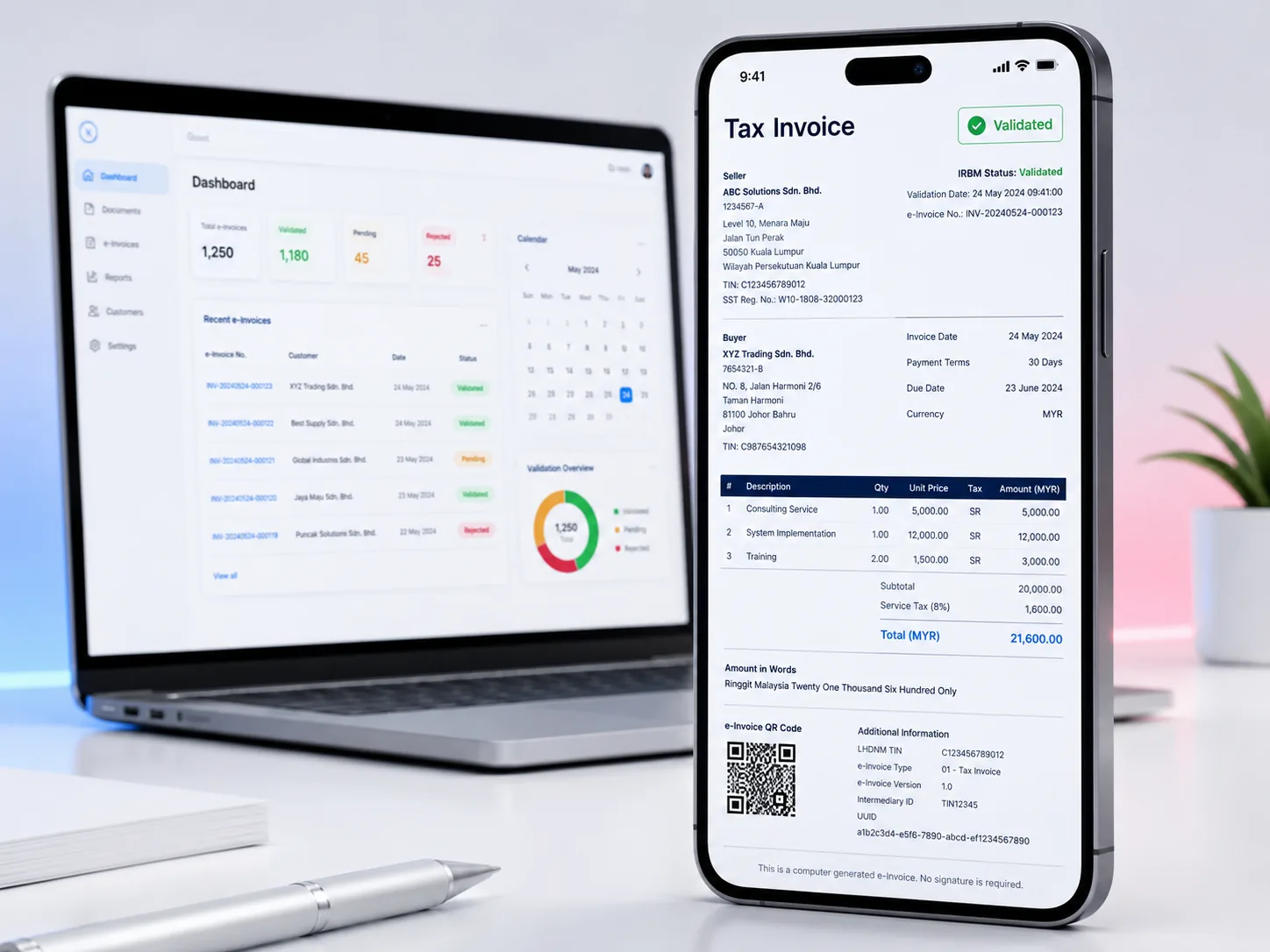 E-invoice workflow: phone-side invoice with validated badge and admin dashboard