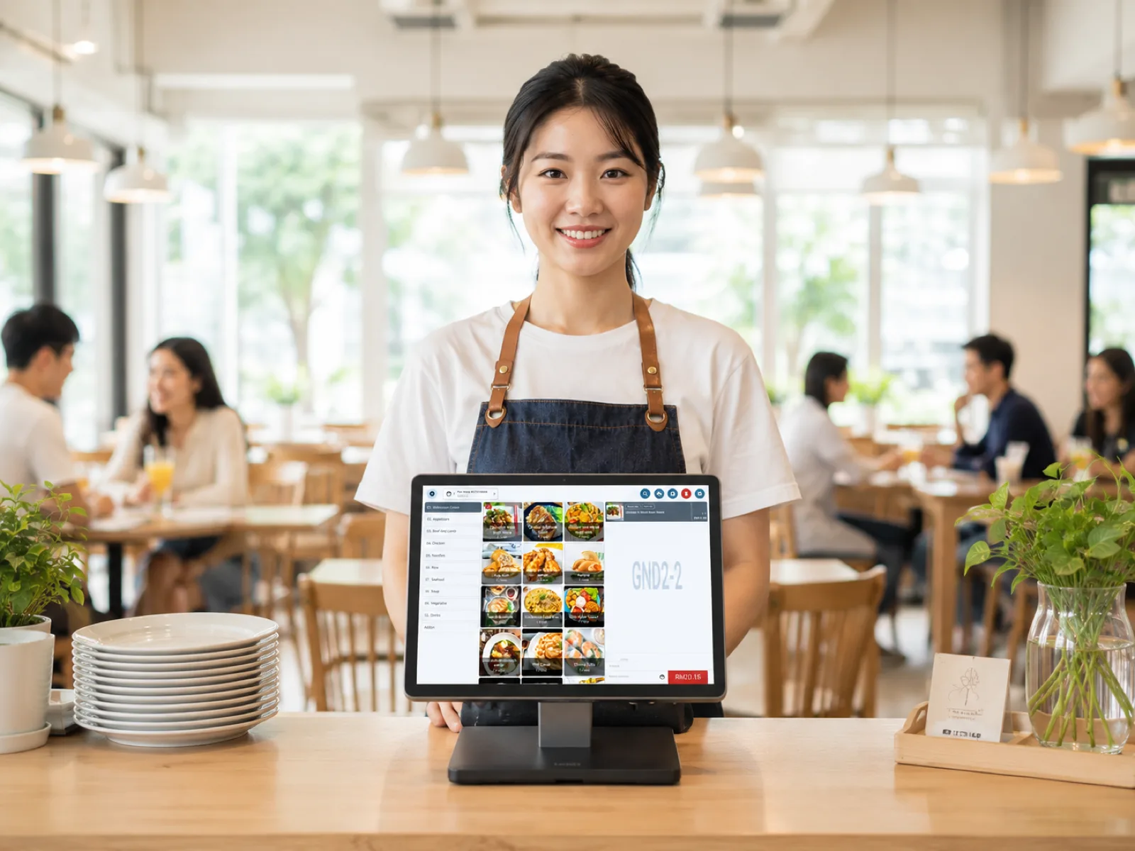 Restaurant counter scene: server using a POS terminal