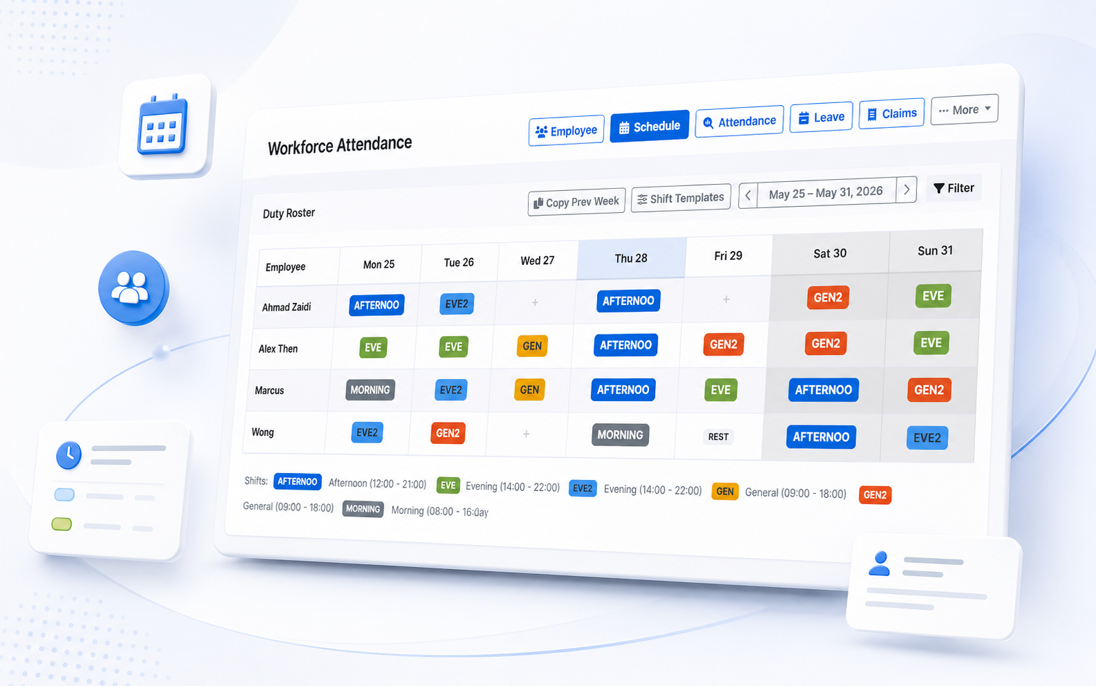 Weekly schedule view with drag-and-drop shifts