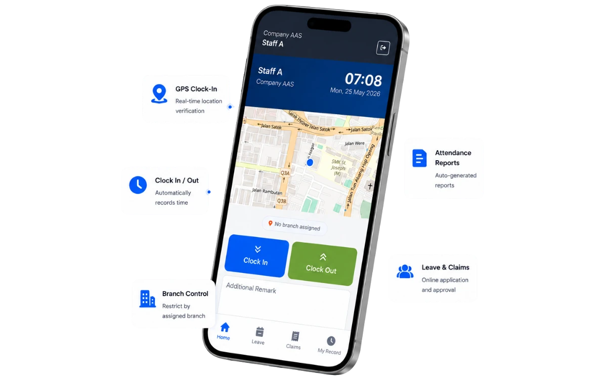 Staff mobile portal showing clock-in, schedule and leave